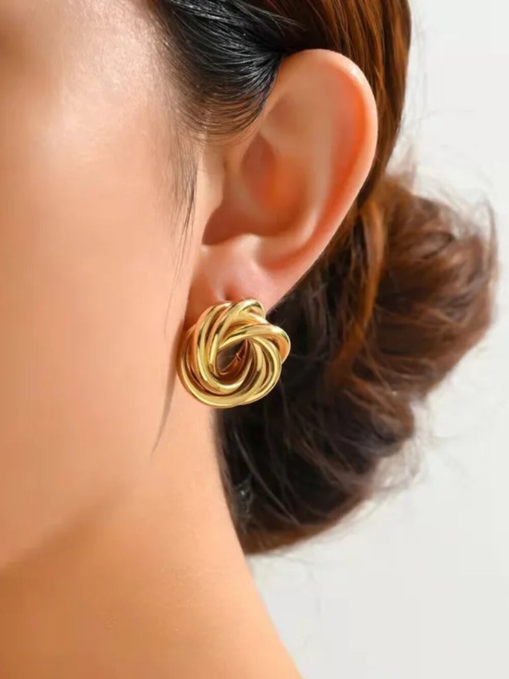 Gold Stainless Steel Woven Love Knot Stud Earrings Chunky Textured Swirl Hoop